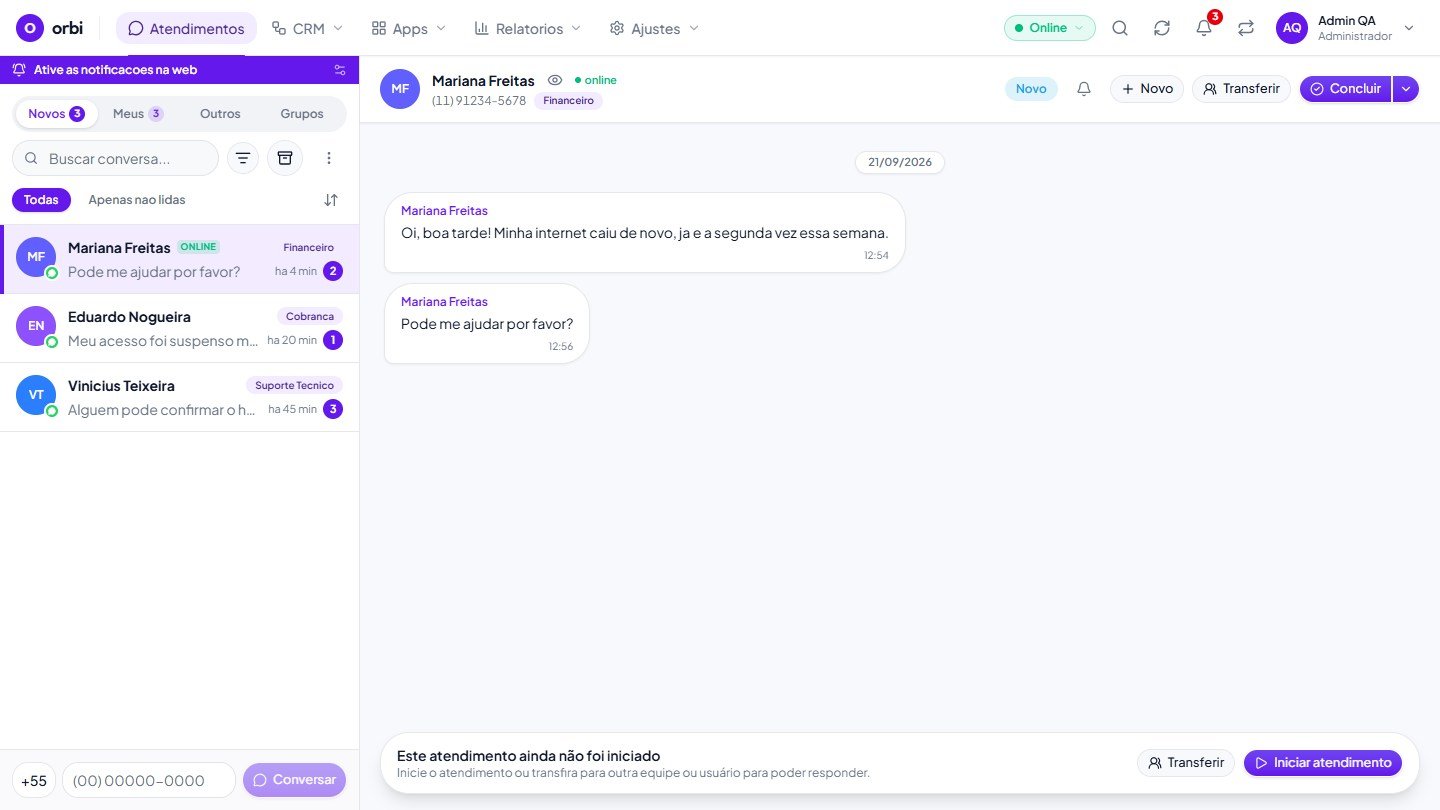 Tela de atendimentos do orbi com a lista de conversas e uma conversa aberta