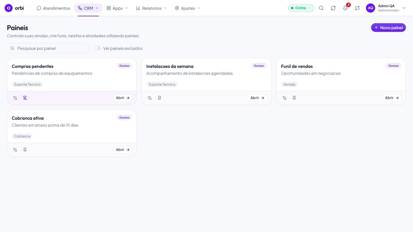 Tela de painéis do CRM do orbi com os funis da equipe