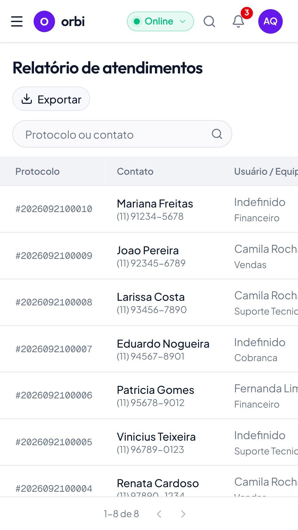 Relatório de atendimentos do orbi com protocolo, contato, equipe e status